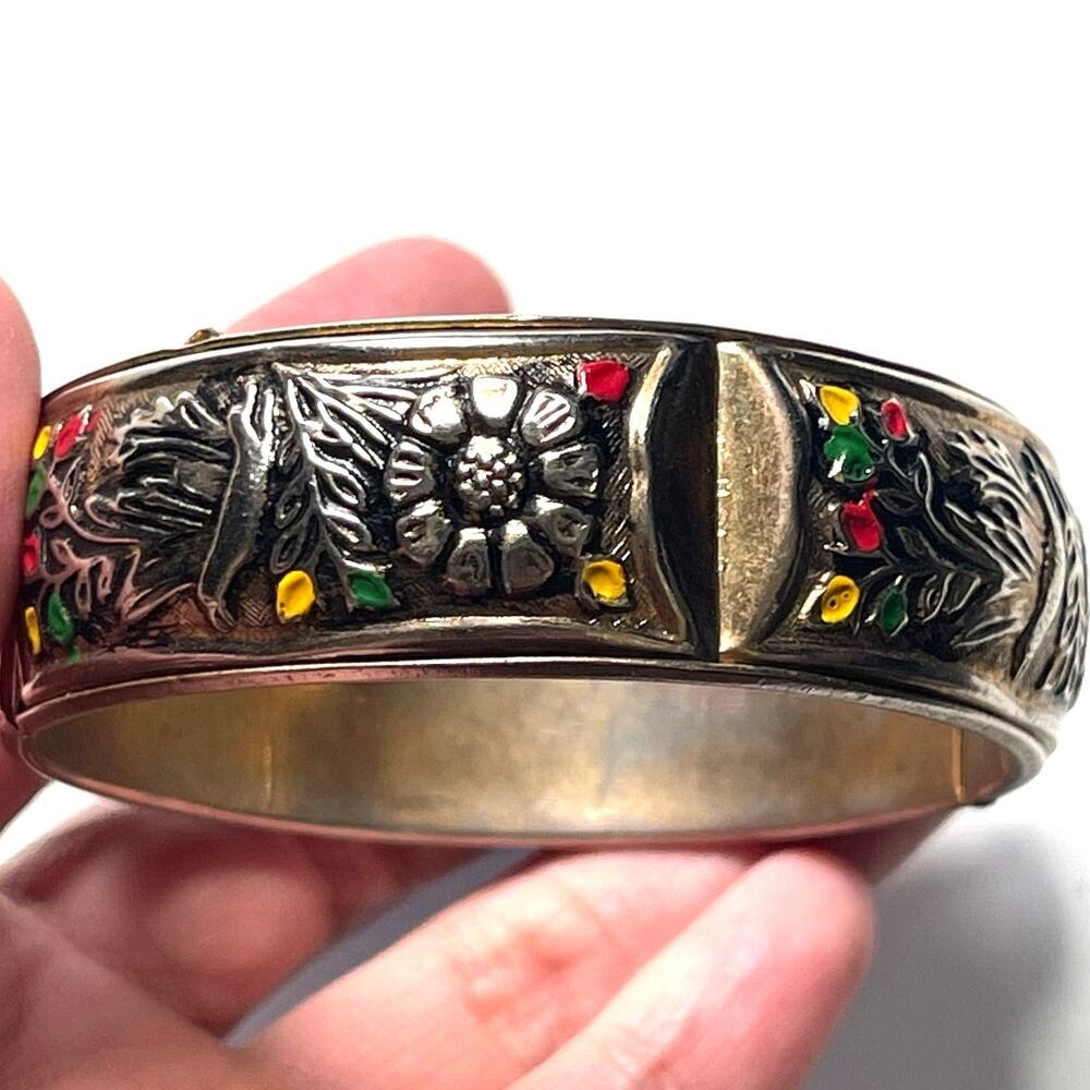 Toledo Spain Damascene Vintage Enamel Gilded Hinged Bangle Bracelet size 7.5"
